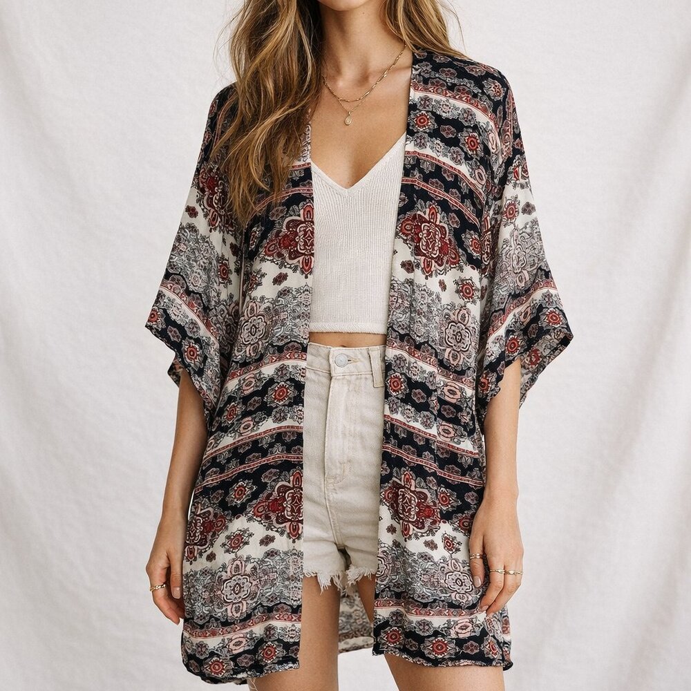 Earthbound Trading‎ Co. Medium M Black Red Boho Rayon Kimono Duster Cardigan